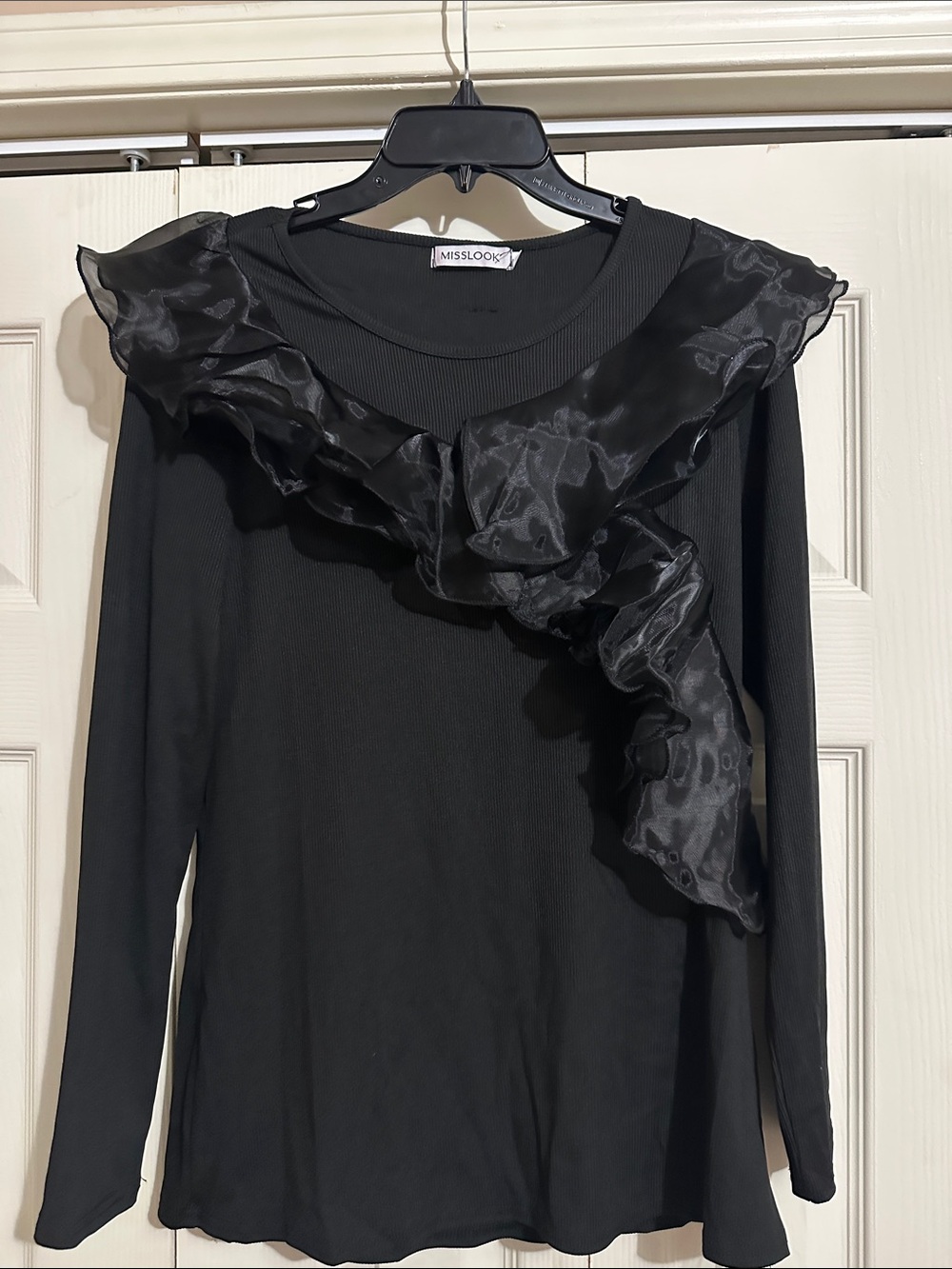 MISSLOOK Black Long-Sleeve Top with Sheer Ruffle Accent